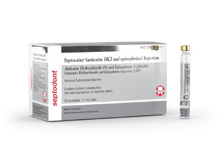 Septodont  01A1200 Septocaine with Epinephrine Articaine HCl / Epinephrine Bitartrate 4% - 1:200,000 Injection Dental Cartridge 1.7 mL