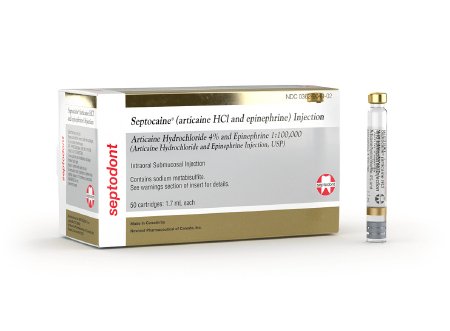 Septodont  01A1400 Septocaine with Epinephrine Articaine HCl / Epinephrine Bitartrate 4% - 1:100,000 Injection Dental Cartridge 1.7 mL