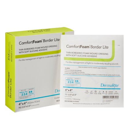 DermaRite Industries  47440 Thin Foam Dressing ComfortFoam Border Lite 4 X 4 Inch With Border Waterproof Backing Silicone Adhesive Square Sterile