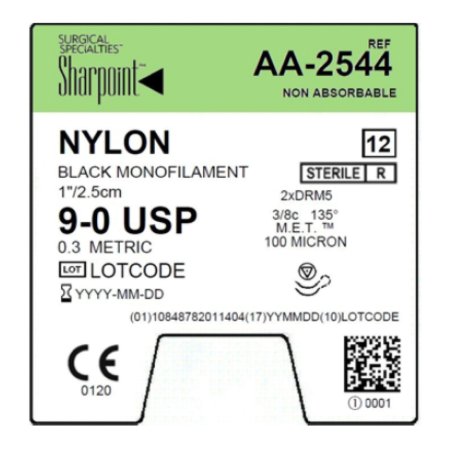 Surgical Specialties  AA-2544 Nonabsorbable Suture with Needle Sharpoint Nylon DRM5 3/8 Circle M.E.T. Point Needle Size 9 - 0 Monofilament