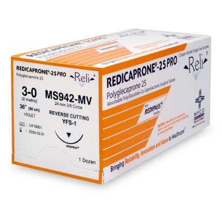 Myco Medical Supplies  MS942-MV Absorbable Suture with Needle Reli Poliglecaprone MFS-1 3/8 Circle Reverse Cutting Needle Size 3 - 0 Monofilament