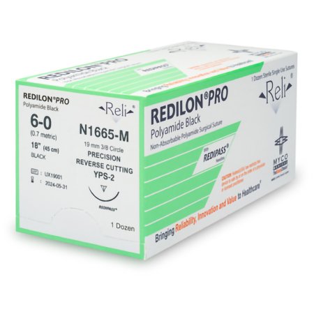 Myco Medical Supplies  N1665-M Nonabsorbable Suture with Needle Reli Redilon Nylon MPS-3 3/8 Circle Conventional Cutting Needle Size 6 - 0 Monofilament