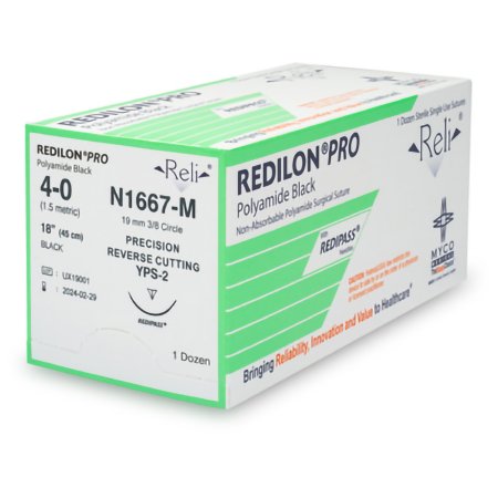 Myco Medical Supplies  N1667-M Nonabsorbable Suture with Needle Reli Redilon Nylon MPS-2 3/8 Circle Precision Reverse Cutting Needle Size 4 - 0 Monofilament