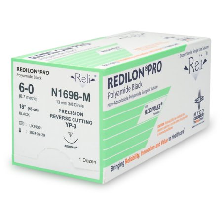 Myco Medical Supplies  N1698-M Nonabsorbable Suture with Needle Reli Redilon Nylon MP-3 3/8 Circle Precision Reverse Cutting Needle Size 6 - 0 Monofilament