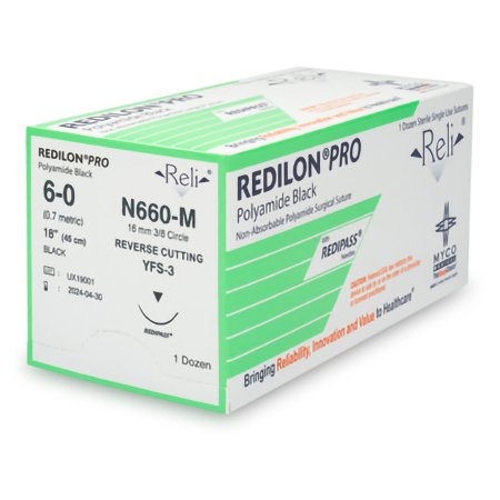 Myco Medical Supplies  N660-M Nonabsorbable Suture with Needle Reli Redilon Nylon MFS-3 3/8 Circle Reverse Cutting Needle Size 6 - 0 Monofilament