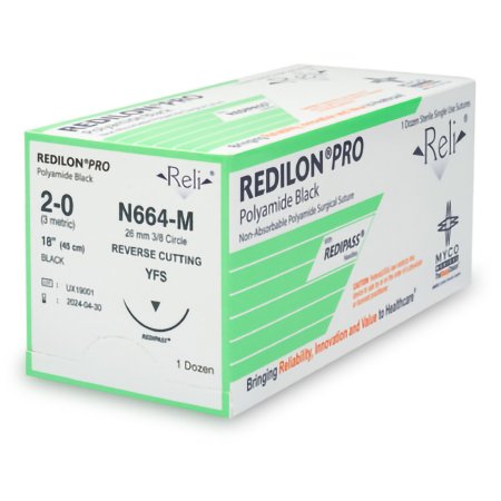 Myco Medical Supplies  N664-M Nonabsorbable Suture with Needle Reli Redilon Nylon MFS 3/8 Circle Reverse Cutting Needle Size 2 - 0 Monofilament