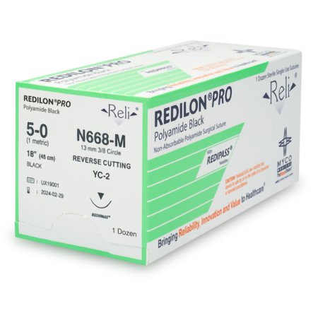 Myco Medical Supplies  N668-M Nonabsorbable Suture with Needle Reli Redilon Nylon MC 3/8 Circle Reverse Cutting Needle Size 5 - 0 Monofilament