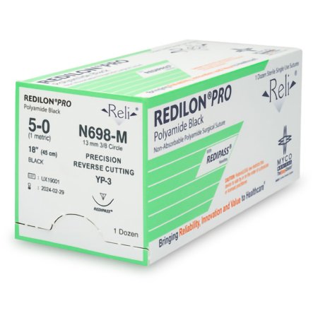 Myco Medical Supplies  N698-M Nonabsorbable Suture with Needle Reli Redilon Nylon MP-3 3/8 Circle Precision Reverse Cutting Needle Size 4 - 0 Monofilament