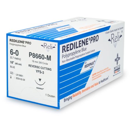 Myco Medical Supplies  P8660-M Nonabsorbable Suture with Needle Reli Redilene Polypropylene MFS-3 3/8 Circle Conventional Cutting Needle Size 6 - 0 Monofilament