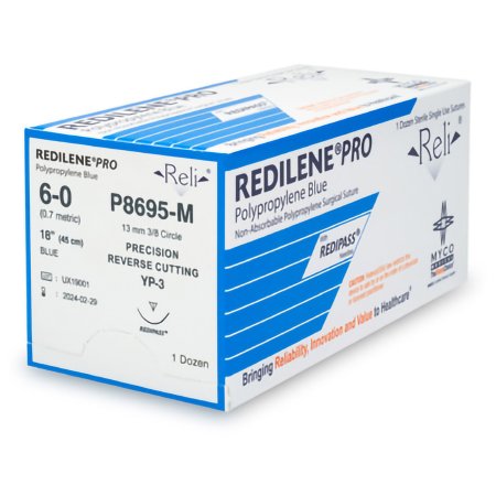 Myco Medical Supplies  P8695-M Nonabsorbable Suture with Needle Reli Redilene Polypropylene MP-3 3/8 Circle Precision Reverse Cutting Needle Size 6 - 0 Monofilament