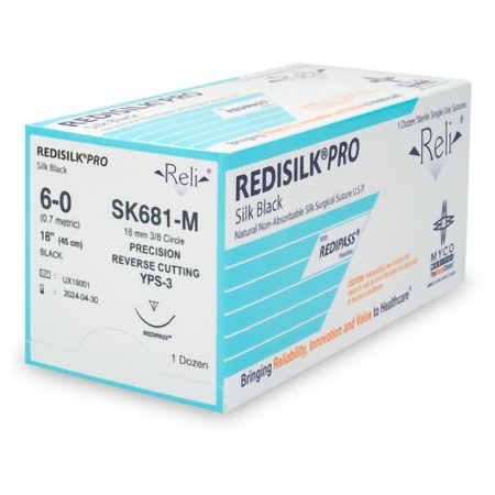 Myco Medical Supplies  SK681-M Nonabsorbable Suture with Needle Reli Redisilk Silk MPS-3 3/8 Circle Conventional Cutting Needle Size 6 - 0 Braided