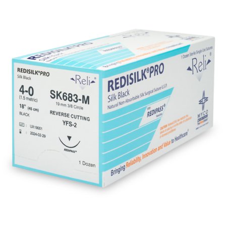 Myco Medical Supplies  SK683-M Nonabsorbable Suture with Needle Reli Redisilk Silk MFS-2 3/8 Circle Reverse Cutting Needle Size 4 - 0 Braided