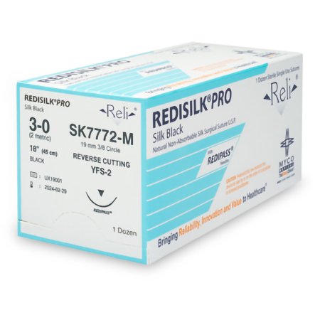 Myco Medical Supplies  SK7772-M Nonabsorbable Suture with Needle Reli Redisilk Silk MFS-2 3/8 Circle Reverse Cutting Needle Size 3 - 0 Braided