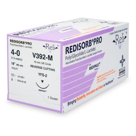 Myco Medical Supplies  V392-M Absorbable Suture with Needle Reli Redisorb Polyglycolic Acid C-6 3/8 Circle Reverse Cutting Needle Size 4 - 0 Braided