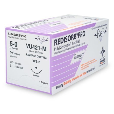 Myco Medical Supplies  VU421-M Absorbable Suture with Needle Reli Redisorb Polyglycolic Acid MFS-2 3/8 Circle Reverse Cutting Needle Size 5 - 0 Braided