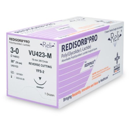 Myco Medical Supplies  VU423-M Absorbable Suture with Needle Reli Redisorb Polyglycolic Acid MFS-2 3/8 Circle Reverse Cutting Needle Size 3 - 0 Braided