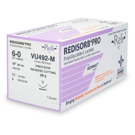 Myco Medical Supplies  VU492-M Absorbable Suture with Needle Reli Redisorb Polyglycolic Acid MP-3 3/8 Circle Precision Reverse Cutting Needle Size 6 - 0 Braided