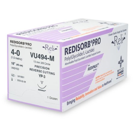 Myco Medical Supplies  VU494-M Absorbable Suture with Needle Reli Redisorb Polyglycolic Acid C-3 3/8 Circle Precision Reverse Cutting Needle Size 4 - 0 Braided