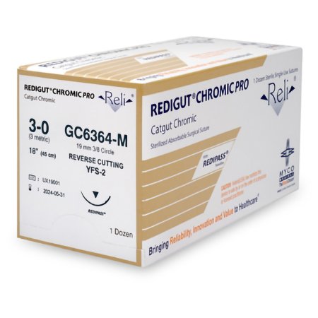 Myco Medical Supplies  GC6364-M Absorbable Suture with Needle Reli Chromic Gut MFFS-2 3/8 Circle Reverse Cutting Needle Size 3 - 0