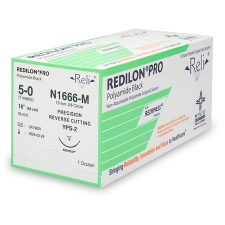 Myco Medical Supplies  N1666-M Nonabsorbable Suture with Needle Reli Redilon Nylon MPS-2 3/8 Circle Precision Reverse Cutting Needle Size 5 - 0 Monofilament