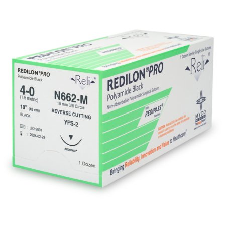 Myco Medical Supplies  N662-M Nonabsorbable Suture with Needle Reli Redilon Nylon MFS-2 3/8 Circle Reverse Cutting Needle Size 4 - 0 Monofilament