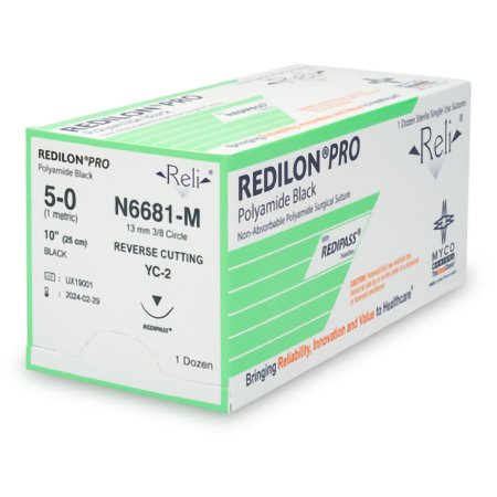 Myco Medical Supplies  N6681-M Nonabsorbable Suture with Needle Reli Redilon Nylon MC 3/8 Circle Reverse Cutting Needle Size 5 - 0 Monofilament