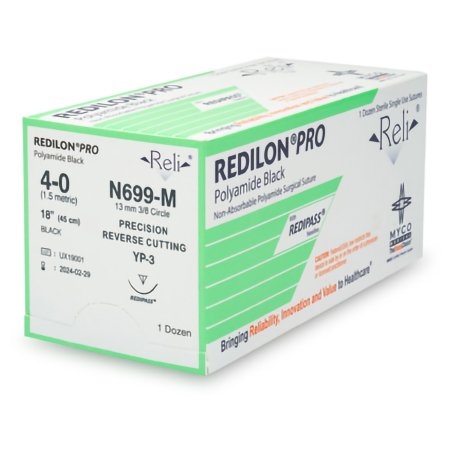 Myco Medical Supplies  N699-M Nonabsorbable Suture with Needle Reli Redilon Nylon MP-3 3/8 Circle Precision Reverse Cutting Needle Size 4 - 0 Monofilament