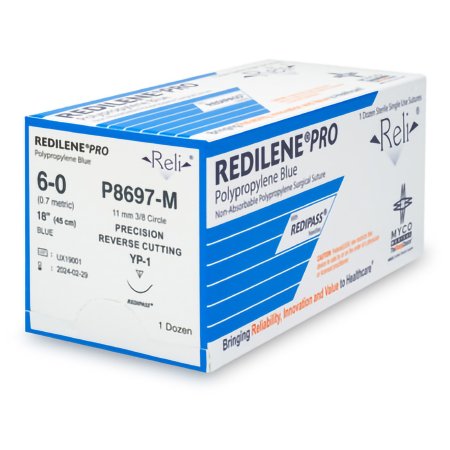 Myco Medical Supplies  P8697-M Nonabsorbable Suture with Needle Reli Redilene Polypropylene MP-1 3/8 Circle Reverse Cutting Needle Size 6 - 0 Monofilament