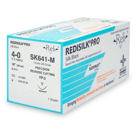 Myco Medical Supplies  SK641-M Nonabsorbable Suture with Needle Reli Redisilk Silk MC 3/8 Circle Precision Reverse Cutting Needle Size 4 - 0 Braided