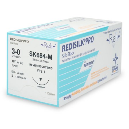 Myco Medical Supplies  SK684-M Nonabsorbable Suture with Needle Reli Redisilk Silk MFS-1 3/8 Circle Reverse Cutting Needle Size 3 - 0 Braided