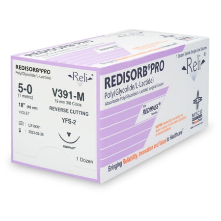 Myco Medical Supplies  V391-M Absorbable Suture with Needle Reli Redisorb Polyglycolic Acid C-6 3/8 Circle Reverse Cutting Needle Size 5 - 0 Braided