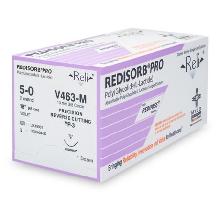 Myco Medical Supplies  V463-M Absorbable Suture with Needle Reli Redisorb Polyglycolic Acid MP-3 3/8 Circle Precision Reverse Cutting Needle Size 5 - 0 Braided