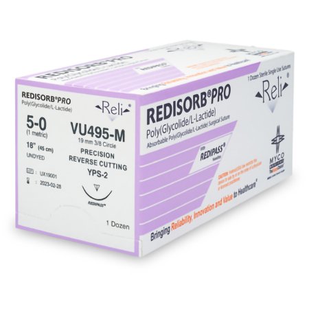 Myco Medical Supplies  VU495-M Absorbable Suture with Needle Reli Redisorb Polyglycolic Acid MPS-2 3/8 Circle Precision Reverse Cutting Needle Size 3 - 0 Braided