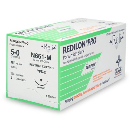 Myco Medical Supplies  N661-M Nonabsorbable Suture with Needle Reli Redilon Nylon MFS-2 3/8 Circle Reverse Cutting Needle Size 5 - 0 Monofilament