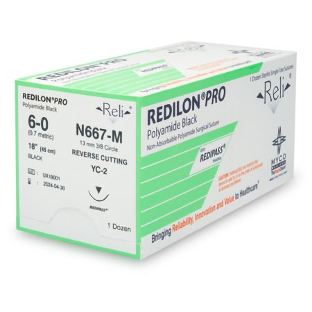 Myco Medical Supplies  N667-M Nonabsorbable Suture with Needle Reli Redilon Nylon MC 3/8 Circle Reverse Cutting Needle Size 6 - 0 Monofilament