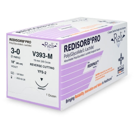 Myco Medical Supplies  V393-M Absorbable Suture with Needle Reli Redisorb Polyglycolic Acid MFS-2 3/8 Circle Reverse Cutting Needle Size 3 - 0 Braided