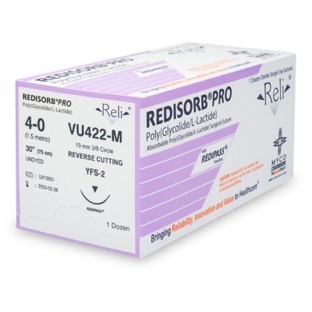 Myco Medical Supplies  VU422-M Absorbable Suture with Needle Reli Redisorb Polyglycolic Acid MFS-2 3/8 Circle Reverse Cutting Needle Size 4 - 0 Braided