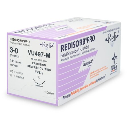 Myco Medical Supplies  VU497-M Absorbable Suture with Needle Reli Redisorb Polyglycolic Acid MPS-2 3/8 Circle Precision Reverse Cutting Needle Size 3 - 0 Braided