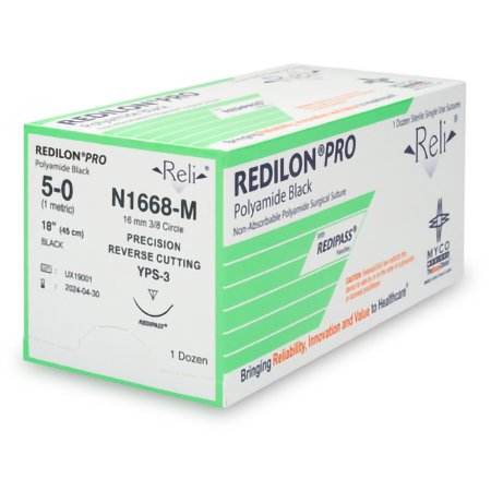 Myco Medical Supplies  N1668-M Nonabsorbable Suture with Needle Reli Redilon Nylon MPS-3 3/8 Circle Conventional Cutting Needle Size 5 - 0 Monofilament