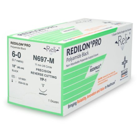 Myco Medical Supplies  N697-M Nonabsorbable Suture with Needle Reli Redilon Nylon MP-1 3/8 Circle Reverse Cutting Needle Size 6 - 0 Monofilament