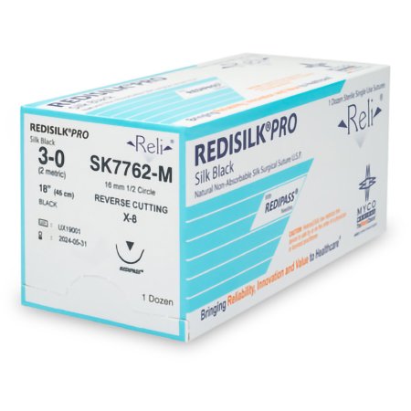 Myco Medical Supplies  SK7762-M Nonabsorbable Suture with Needle Reli Redisilk Silk MJ-1 1/2 Circle Reverse Cutting Needle Size 3 - 0 Braided