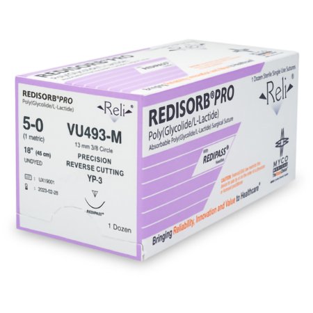 Myco Medical Supplies  VU493-M Absorbable Suture with Needle Reli Redisorb Polyglycolic Acid MP-3 3/8 Circle Precision Reverse Cutting Needle Size 5 - 0 Braided