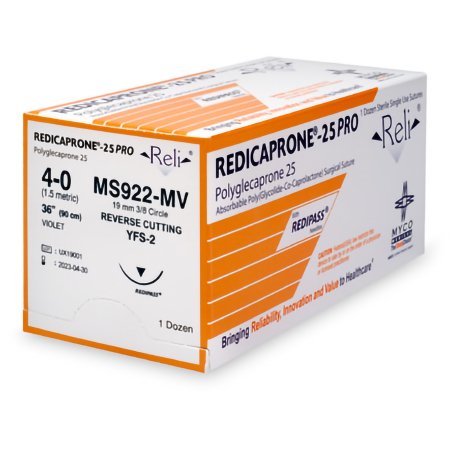 Myco Medical Supplies  MS922-MV Absorbable Suture with Needle Reli Poliglecaprone MSH-2 3/8 Circle Reverse Cutting Needle Size 4 - 0 Monofilament