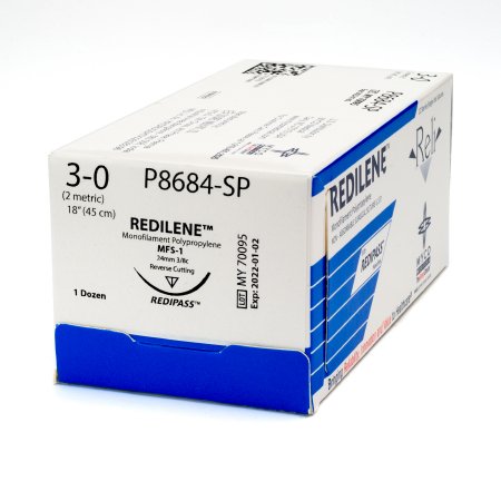 Myco Medical Supplies  P8684-M Nonabsorbable Suture with Needle Reli Redilene Polypropylene MFS-1 3/8 Circle Reverse Cutting Needle Size 3 - 0 Monofilament