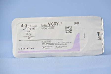 J & J Healthcare Systems  J662H Absorbable Suture with Needle Coated Vicryl Polyglactin 910 KS Straight Conventional Cutting Needle Size 4 - 0 Braided