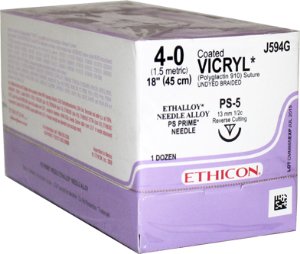 J & J Healthcare Systems  J594G Absorbable Suture with Needle Coated Vicryl Polyglactin 910 PS-5 1/2 Circle Reverse Cutting Needle Size 4 - 0 Braided