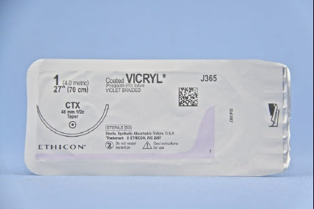 J & J Healthcare Systems  J365H Absorbable Suture with Needle Coated Vicryl Polyglactin 910 CTX 1/2 Circle Taper Point Needle Size 1 Braided