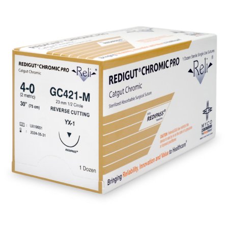 Myco Medical Supplies  GC421-M Absorbable Suture with Needle Reli Chromic Gut MX-1 1/2 Circle Reverse Cutting Needle Size 4 - 0