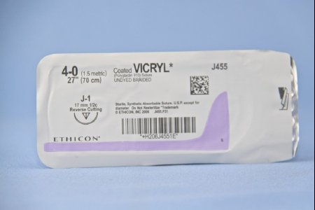 J & J Healthcare Systems  J455H Absorbable Suture with Needle Coated Vicryl Polyglactin 910 J-1 1/2 Circle Reverse Cutting Needle Size 4 - 0 Braided