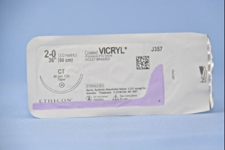 J & J Healthcare Systems  J357H Absorbable Suture with Needle Coated Vicryl Polyglactin 910 CT 1/2 Circle Taper Point Needle Size 2 - 0 Braided